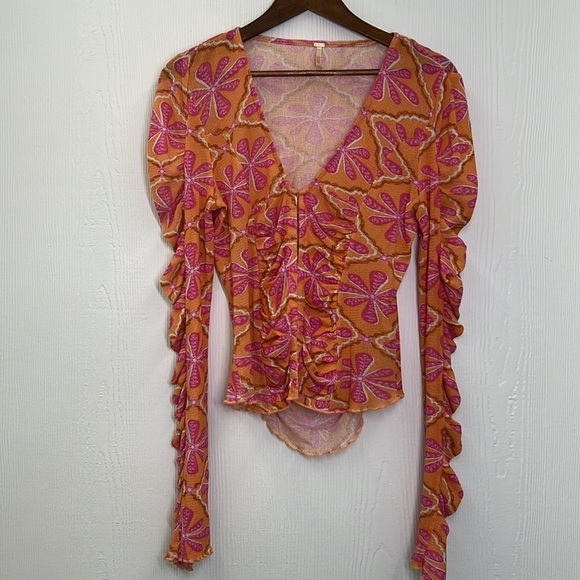 Free People - Through The Meadow Grapefruit Floral Hook And Eye Closure Blouse M - Picture 8 of 13